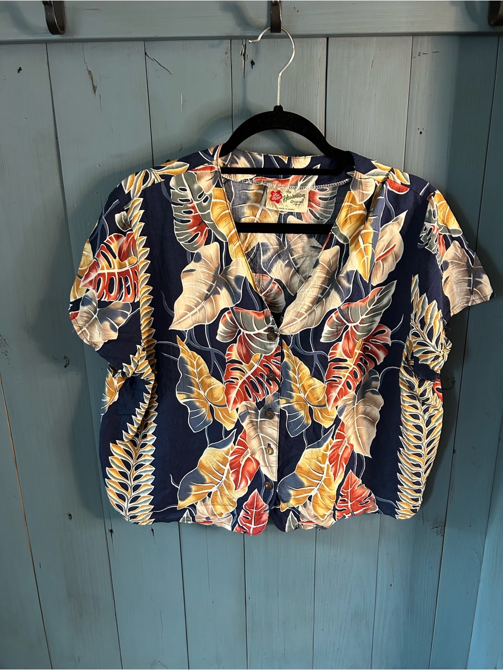 The Hawaiian Original Navy Blue Tropical Floral Button-Front Women's Shirt | XL
